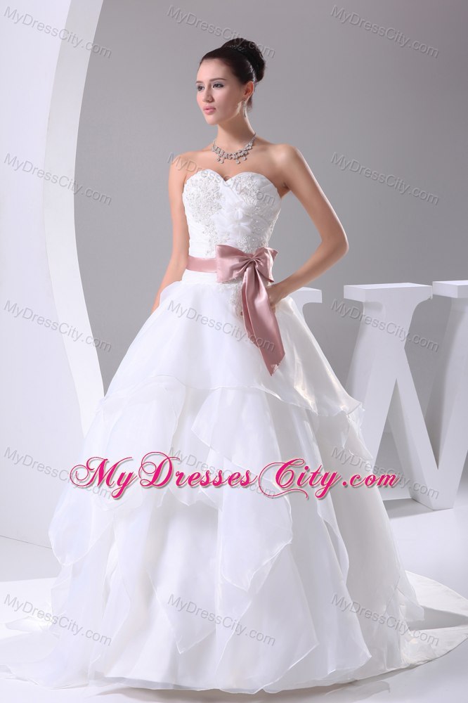 Appliques Sweetheart Court Train Wedding Gown with Blush Sash