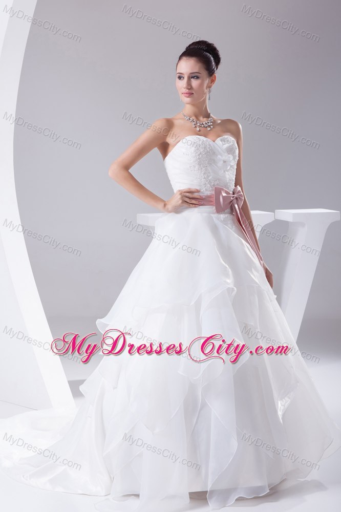 Appliques Sweetheart Court Train Wedding Gown with Blush Sash