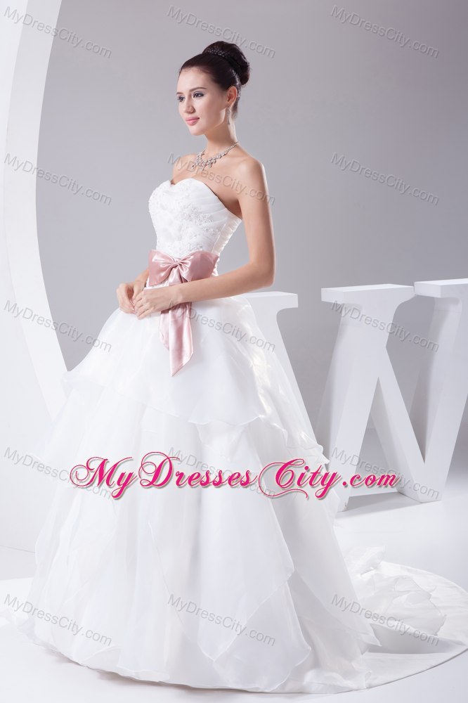 Appliques Sweetheart Court Train Wedding Gown with Blush Sash