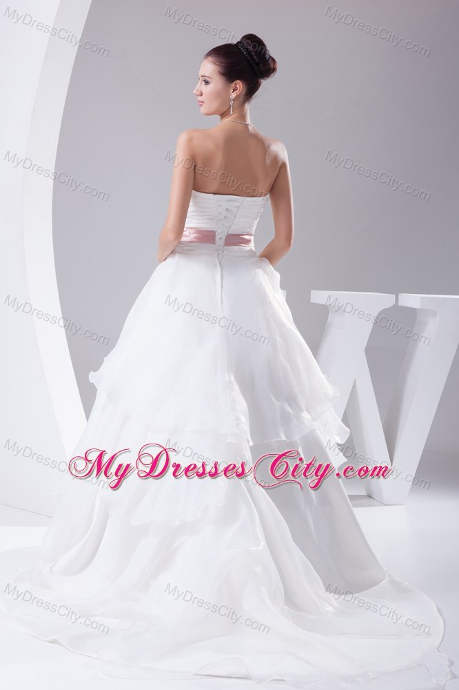 Appliques Sweetheart Court Train Wedding Gown with Blush Sash