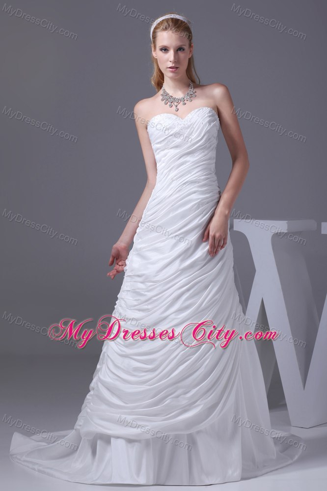 Sweetheart Beading and Ruching Taffeta Brush Train Bridal Dress