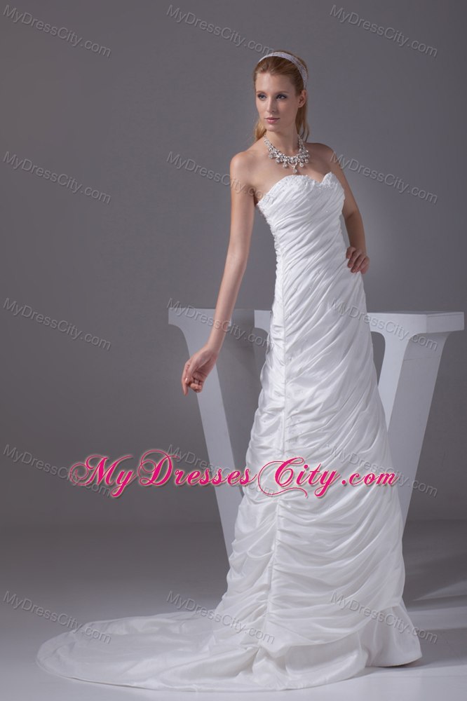 Sweetheart Beading and Ruching Taffeta Brush Train Bridal Dress