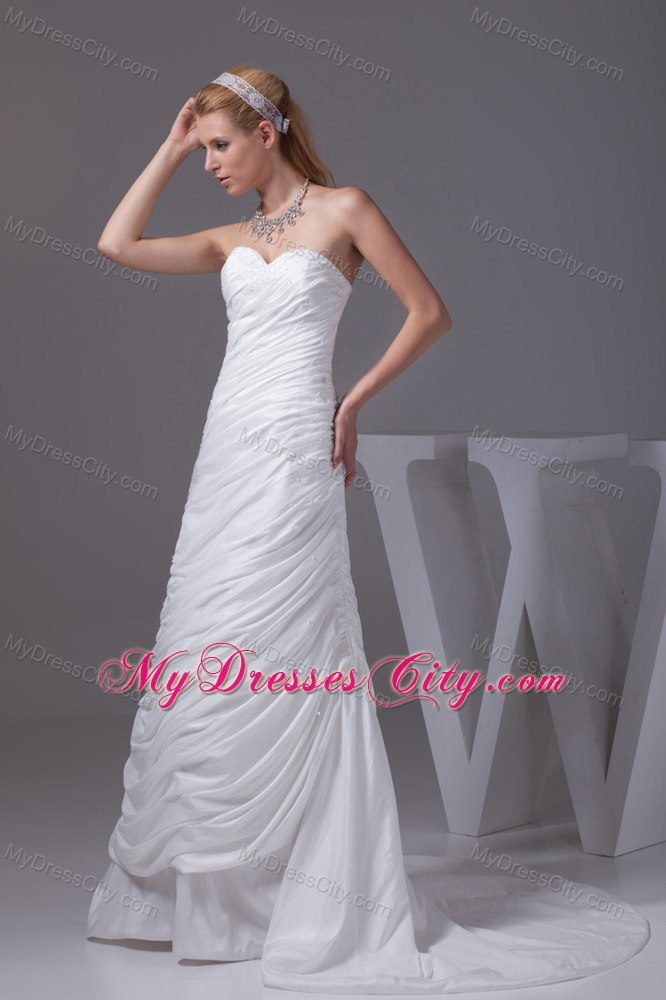 Sweetheart Beading and Ruching Taffeta Brush Train Bridal Dress