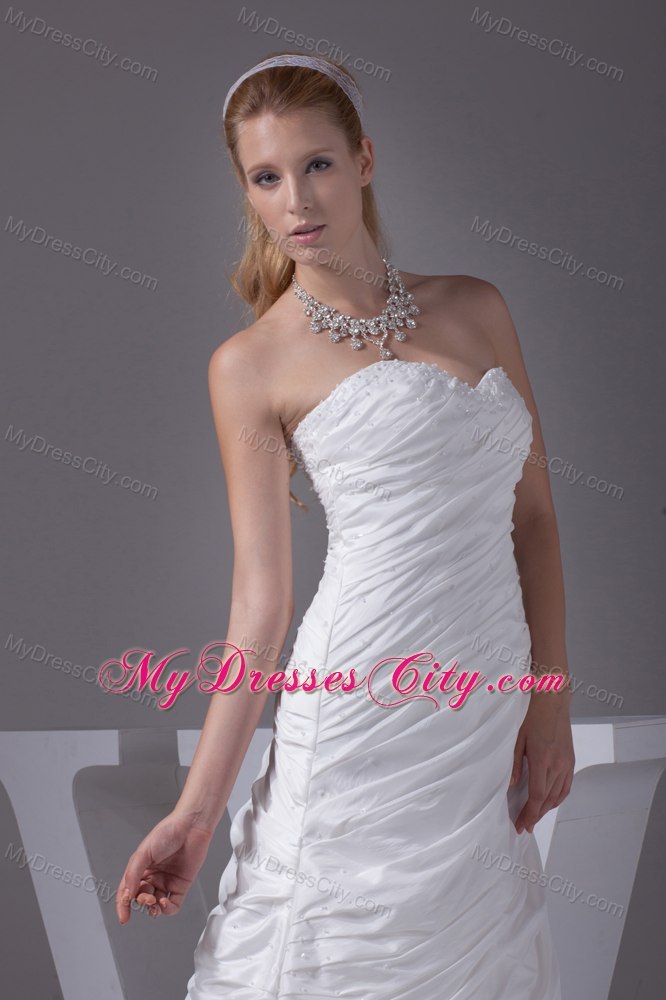 Sweetheart Beading and Ruching Taffeta Brush Train Bridal Dress