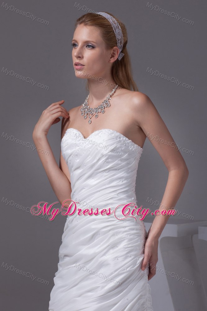 Sweetheart Beading and Ruching Taffeta Brush Train Bridal Dress