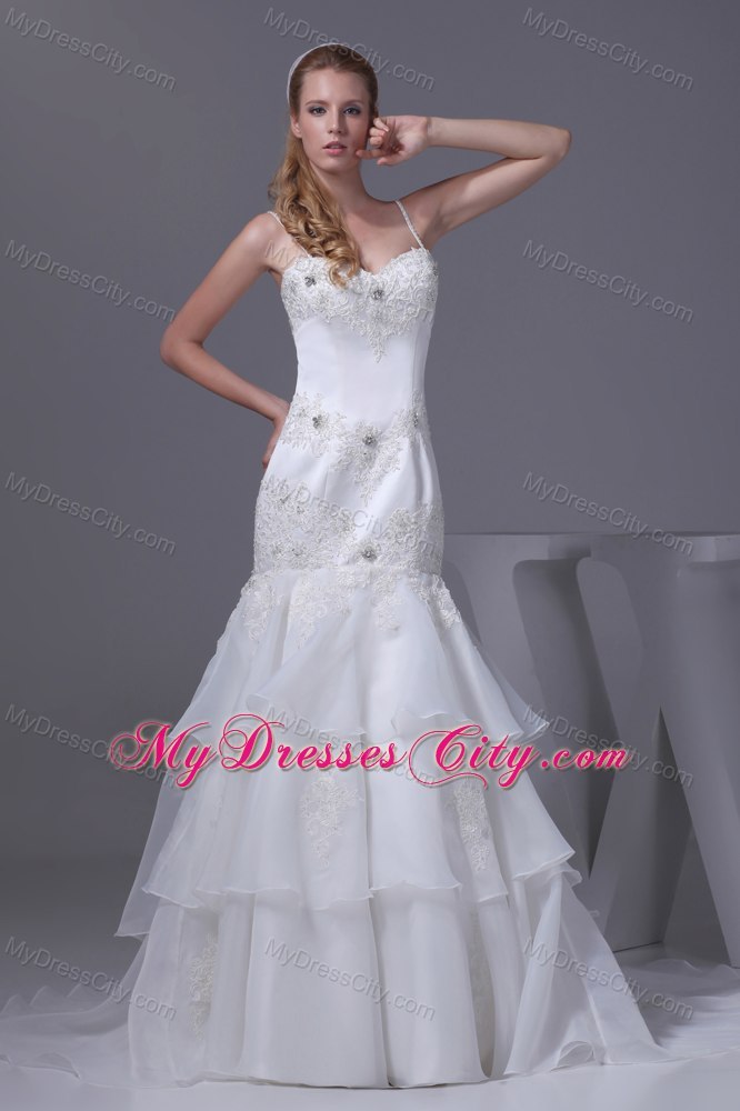 Mermaid Spaghetti Straps Appliques Bridal Dress with Brush Train