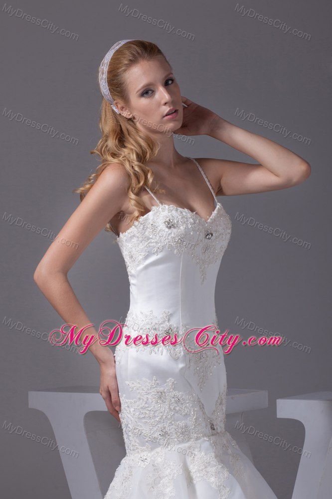 Mermaid Spaghetti Straps Appliques Bridal Dress with Brush Train