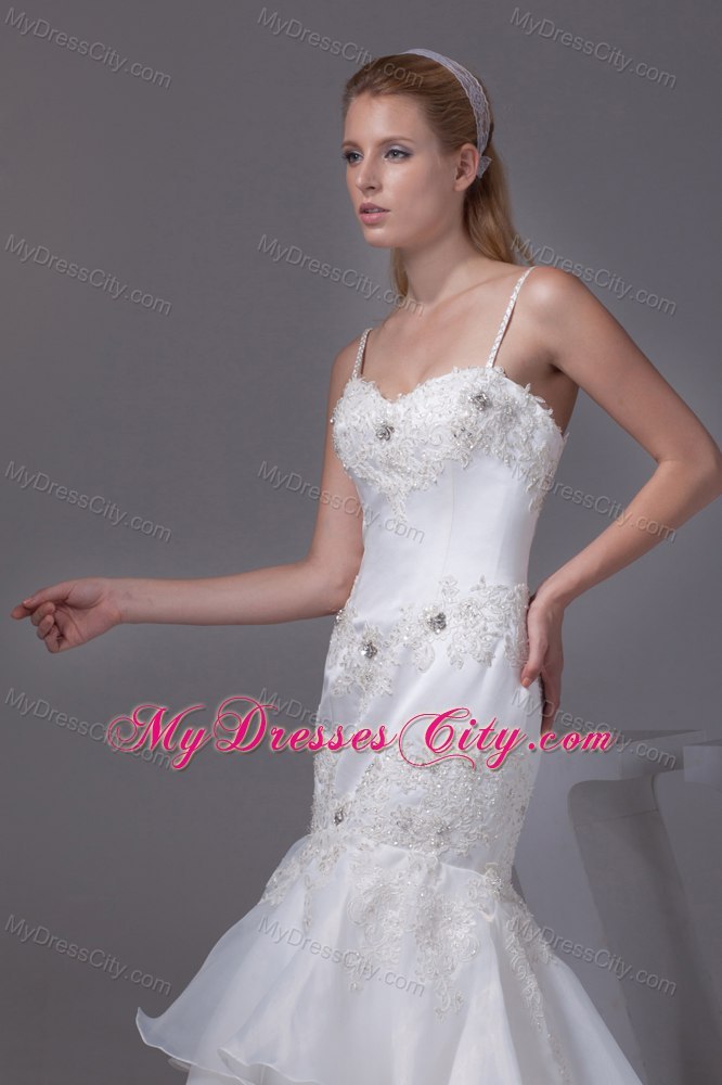 Mermaid Spaghetti Straps Appliques Bridal Dress with Brush Train