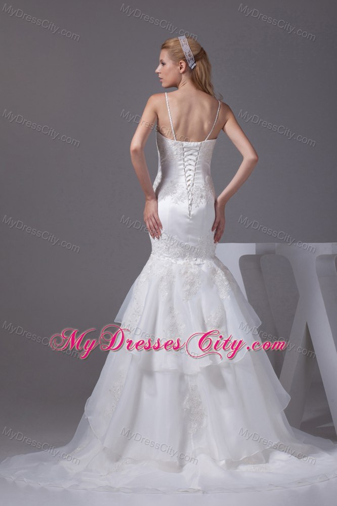 Mermaid Spaghetti Straps Appliques Bridal Dress with Brush Train