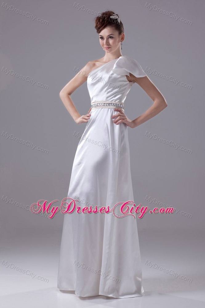 Long Column One Shoulder Wedding Dress with Beading on Belt