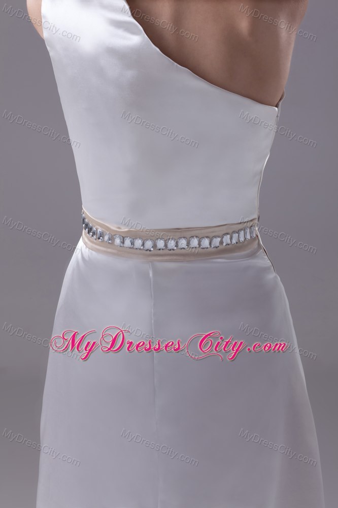 Long Column One Shoulder Wedding Dress with Beading on Belt