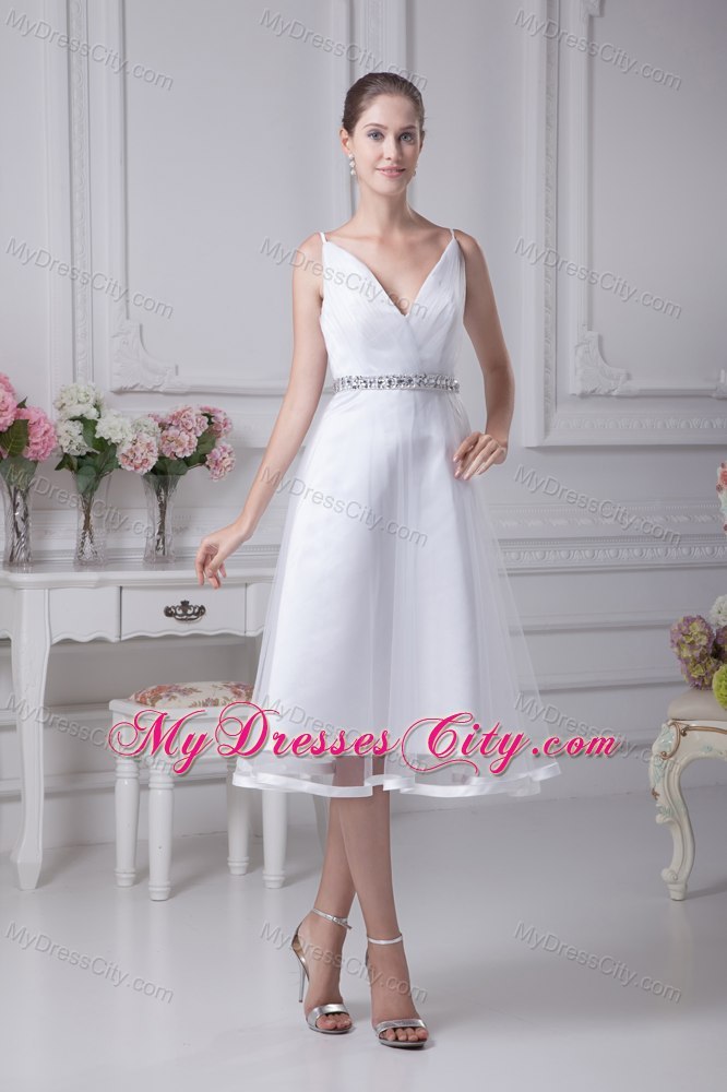 Beaded Decorate Waist V-neck Knee-length Beach Bridal Dress