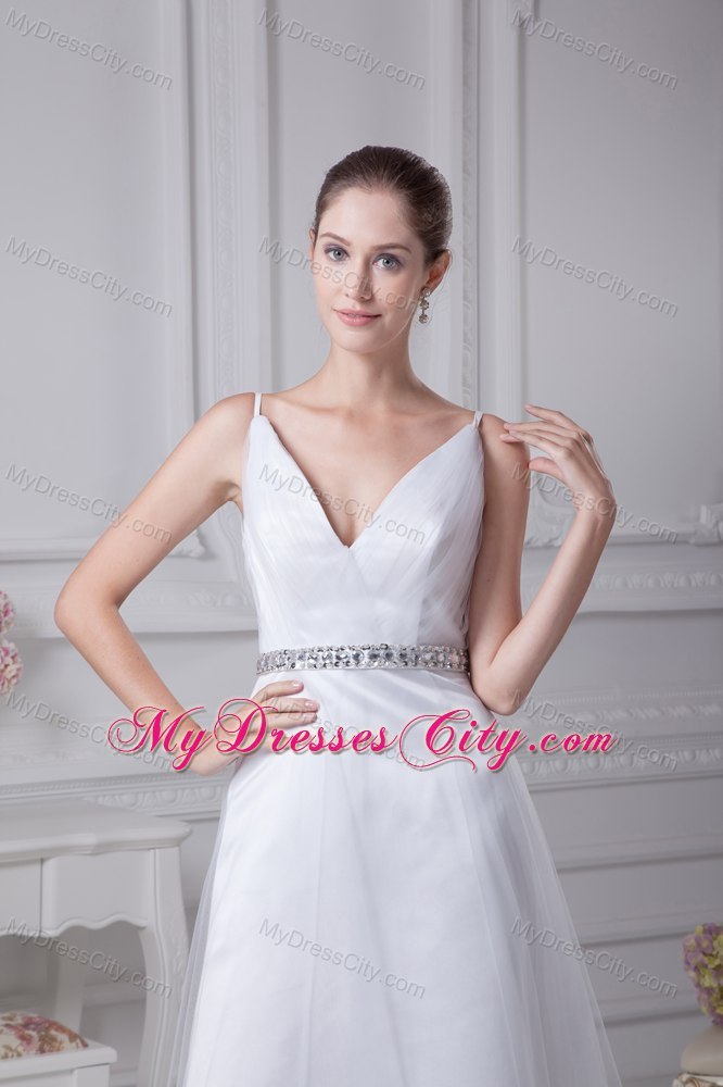 Beaded Decorate Waist V-neck Knee-length Beach Bridal Dress