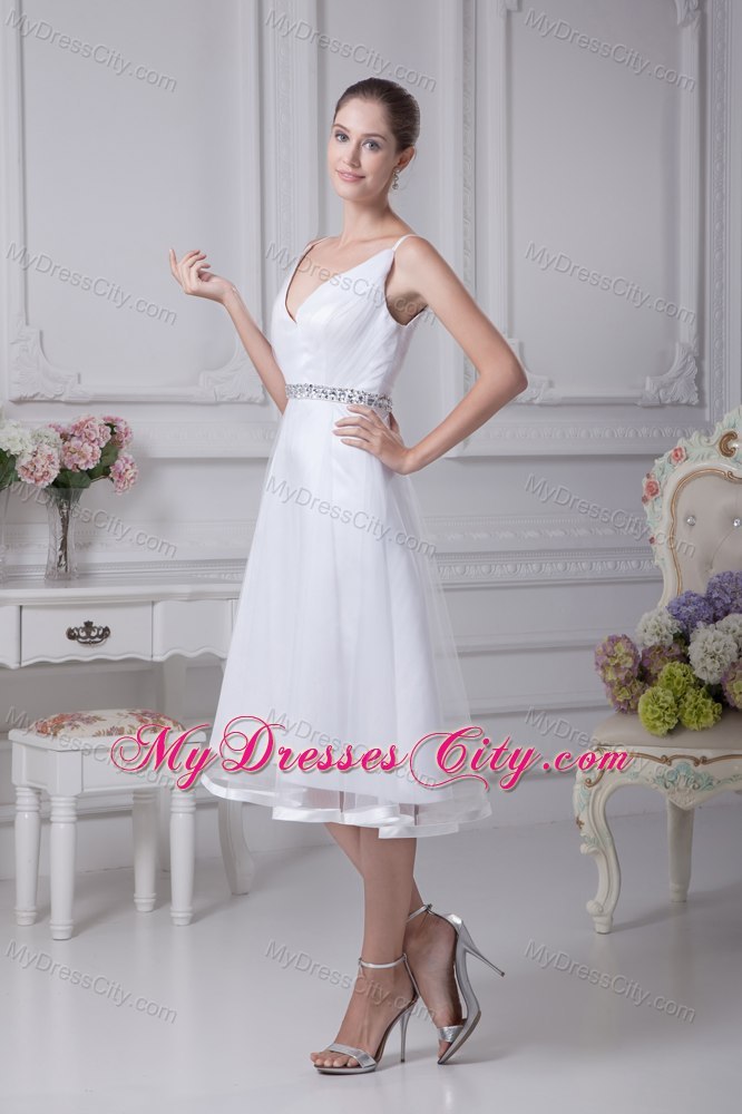 Beaded Decorate Waist V-neck Knee-length Beach Bridal Dress