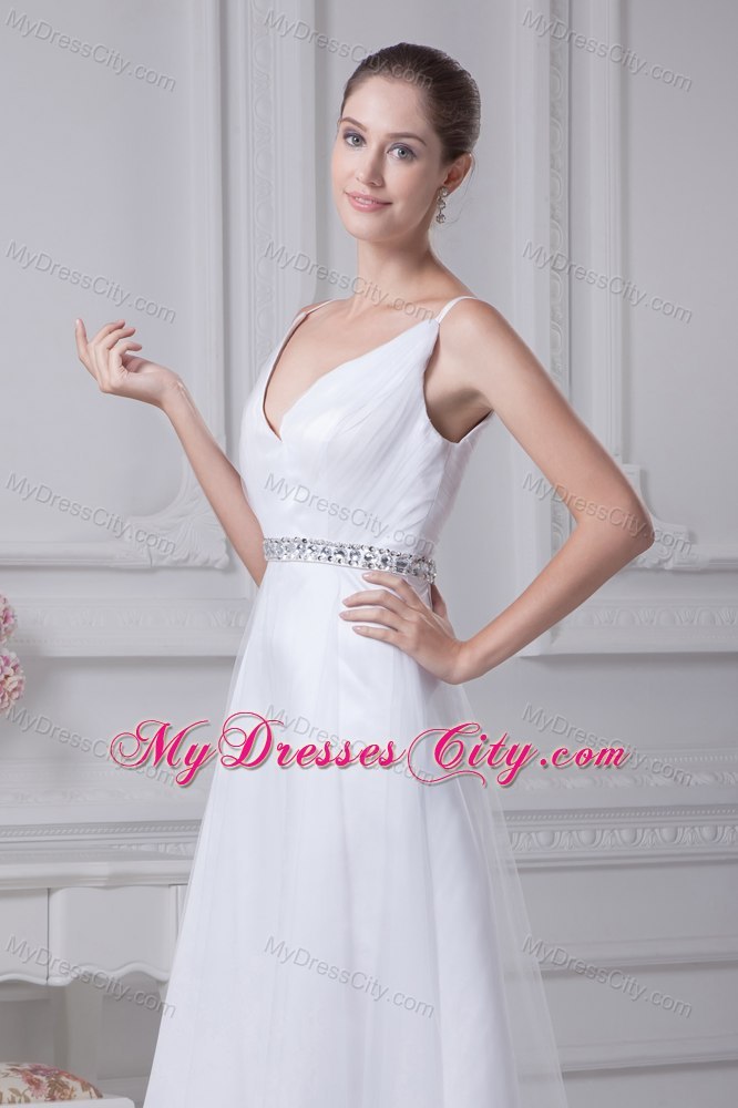 Beaded Decorate Waist V-neck Knee-length Beach Bridal Dress