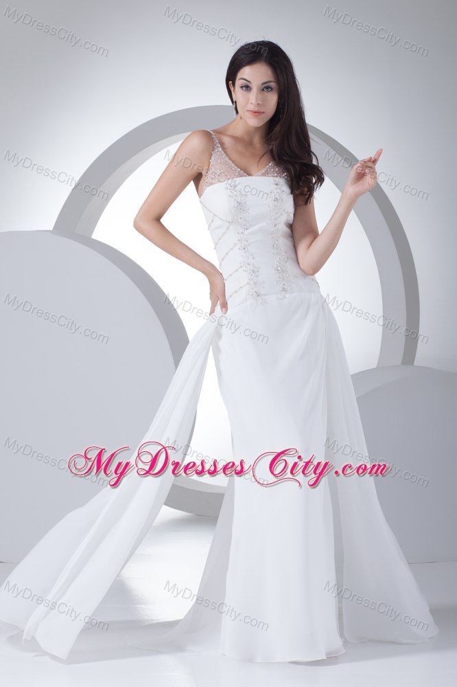 Sheer V-neck with Beading Chiffon Bridal Dress with Watteau Train