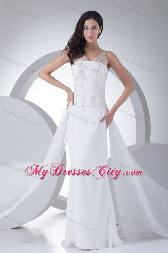 Sheer V-neck with Beading Chiffon Bridal Dress with Watteau Train