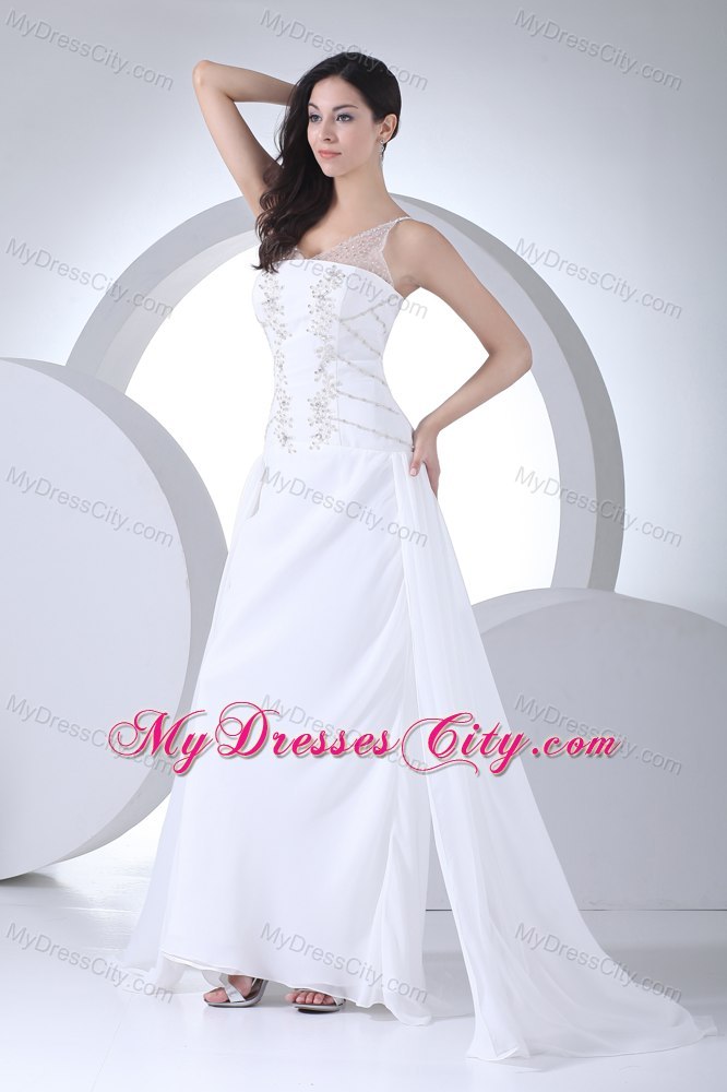 Sheer V-neck with Beading Chiffon Bridal Dress with Watteau Train