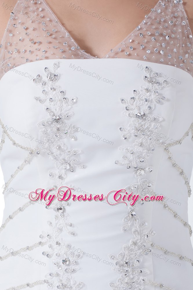 Sheer V-neck with Beading Chiffon Bridal Dress with Watteau Train