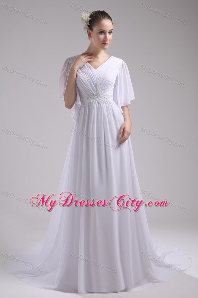 Perfect Half Sleeves Empire V-neck Ruching Garden Wedding Dress