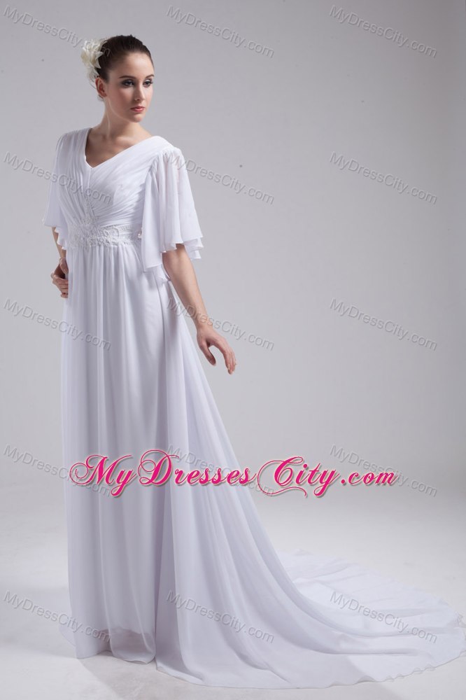 Perfect Half Sleeves Empire V-neck Ruching Garden Wedding Dress