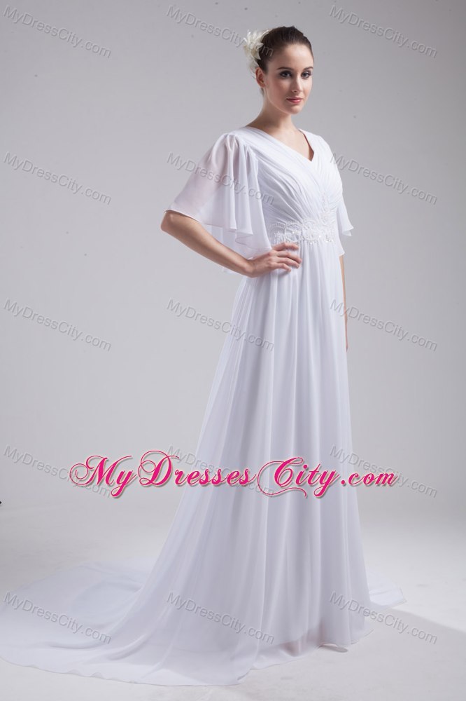 Perfect Half Sleeves Empire V-neck Ruching Garden Wedding Dress