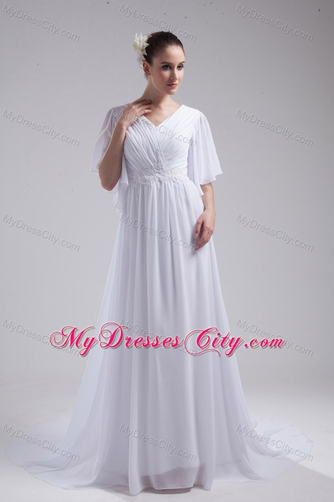 Perfect Half Sleeves Empire V-neck Ruching Garden Wedding Dress