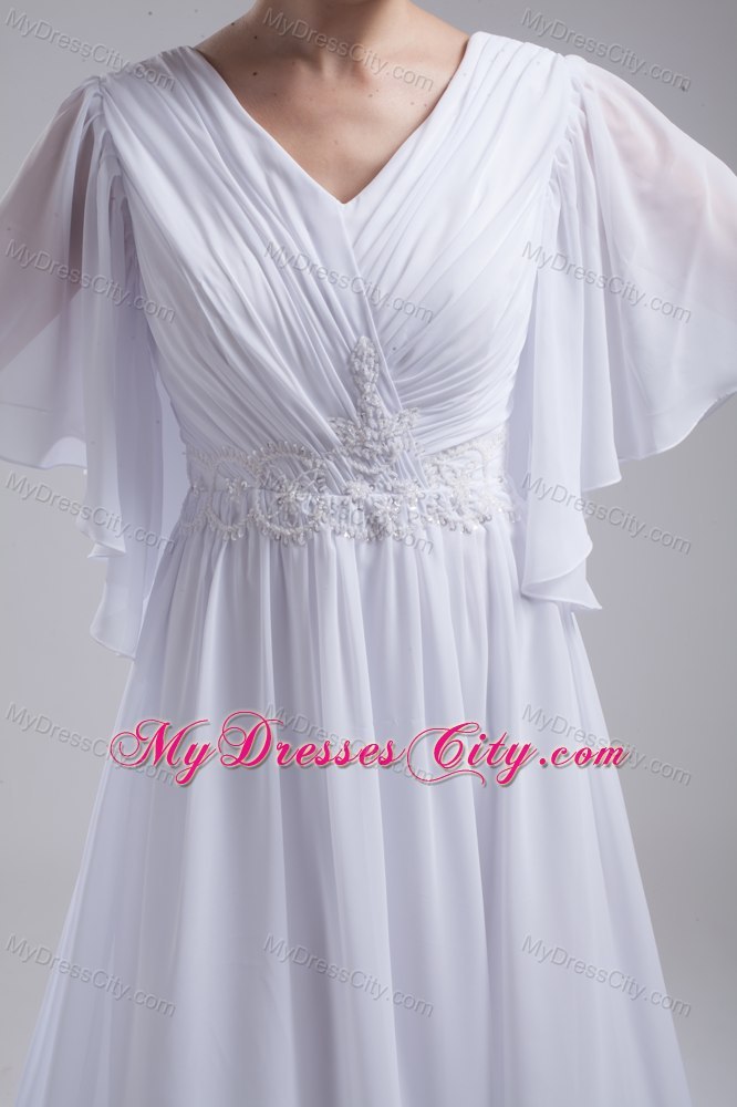 Perfect Half Sleeves Empire V-neck Ruching Garden Wedding Dress