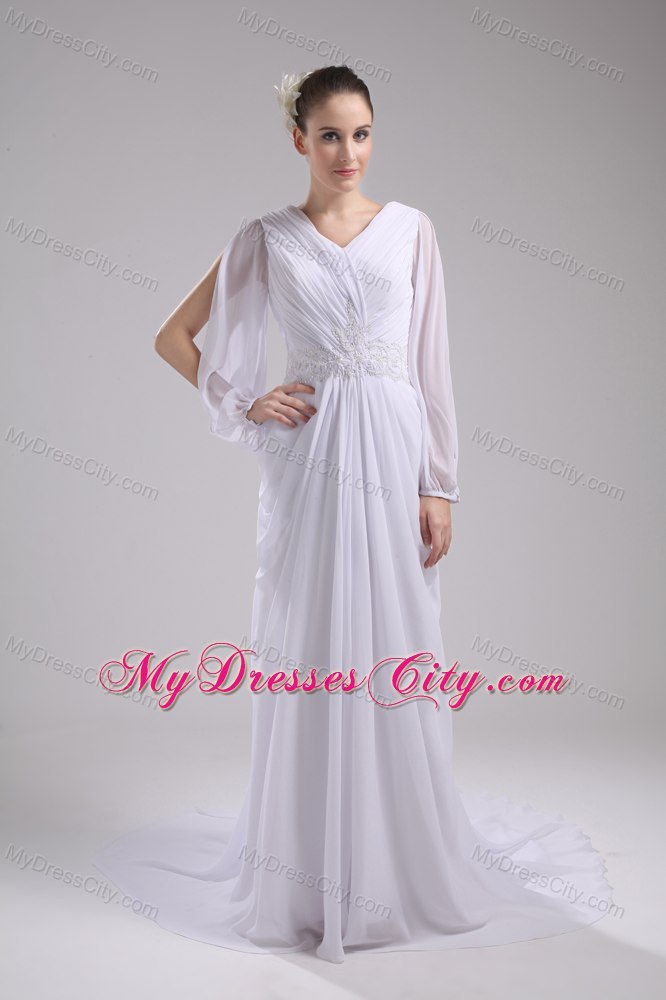 Column V-neck Ruching and Beading Bridal Dress with Long Sleeves