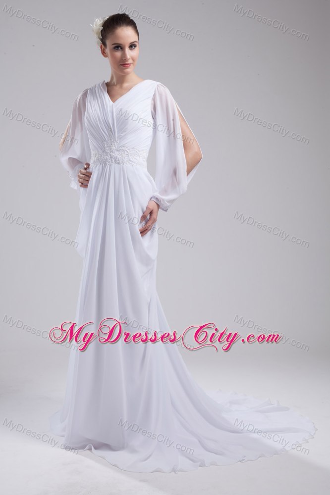 Column V-neck Ruching and Beading Bridal Dress with Long Sleeves