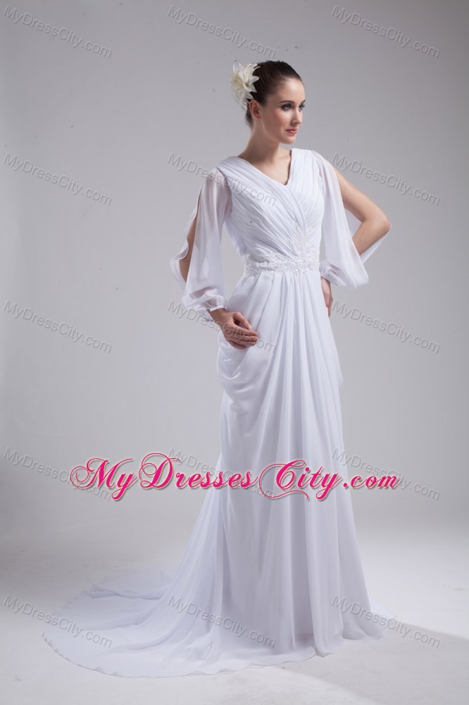 Column V-neck Ruching and Beading Bridal Dress with Long Sleeves