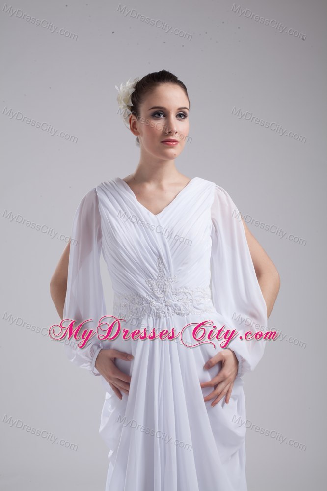 Column V-neck Ruching and Beading Bridal Dress with Long Sleeves