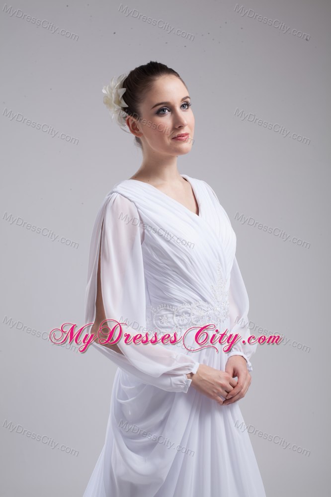 Column V-neck Ruching and Beading Bridal Dress with Long Sleeves