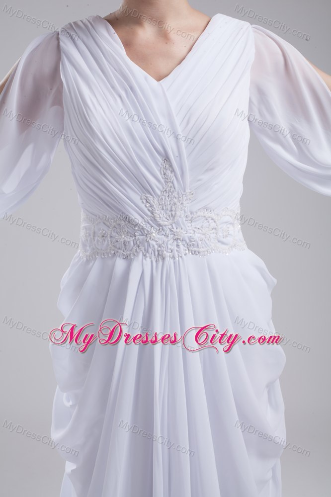 Column V-neck Ruching and Beading Bridal Dress with Long Sleeves