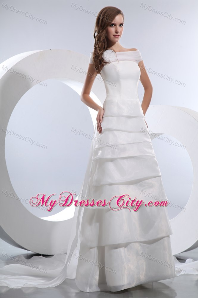 Off The Shoulder Satin and Organza Flower and Tiered Bridal Dress