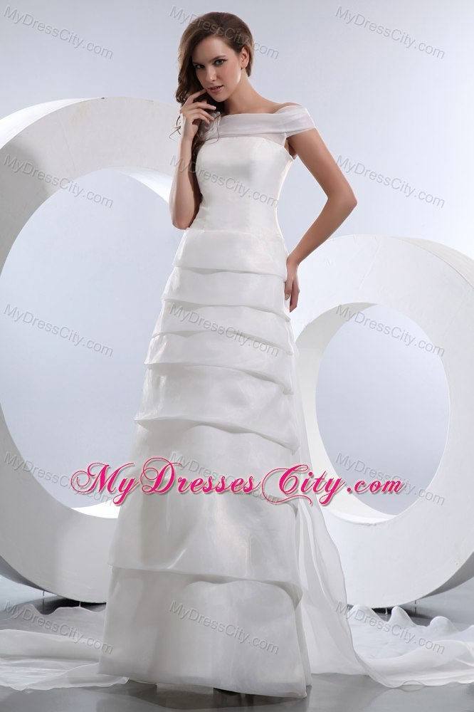 Off The Shoulder Satin and Organza Flower and Tiered Bridal Dress