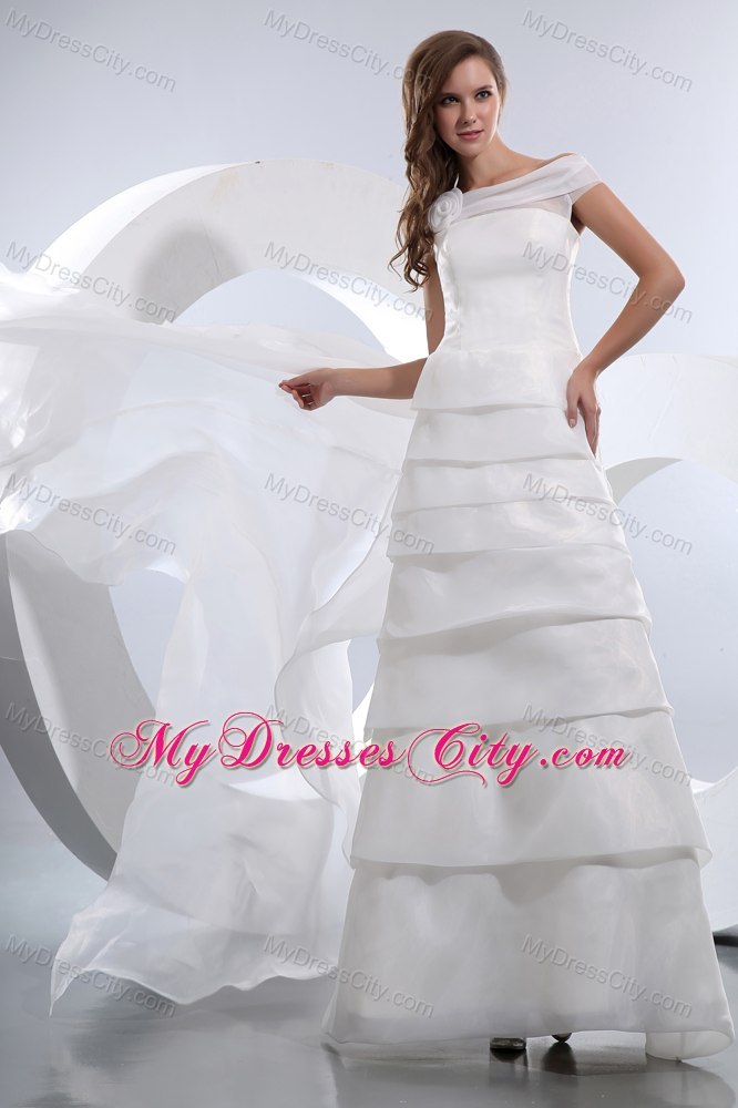 Off The Shoulder Satin and Organza Flower and Tiered Bridal Dress