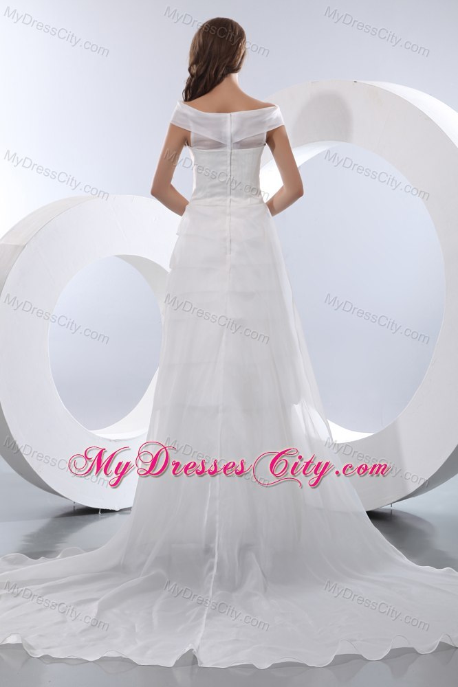 Off The Shoulder Satin and Organza Flower and Tiered Bridal Dress