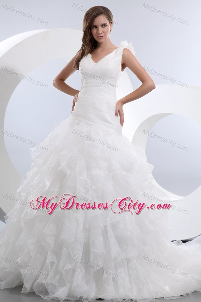 V-neck Taffeta and Organza Bridal Dress with Ruffles Layered