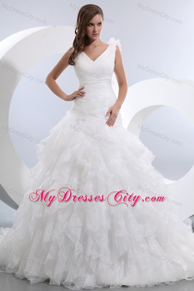 V-neck Taffeta and Organza Bridal Dress with Ruffles Layered