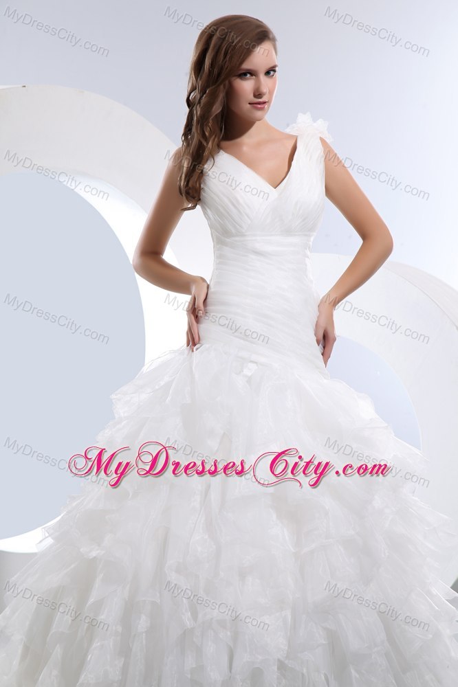 V-neck Taffeta and Organza Bridal Dress with Ruffles Layered