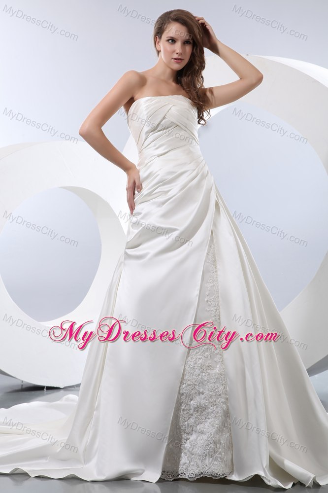 Strapless A-line Ruches Taffeta Wedding Dress with Lace Appliques