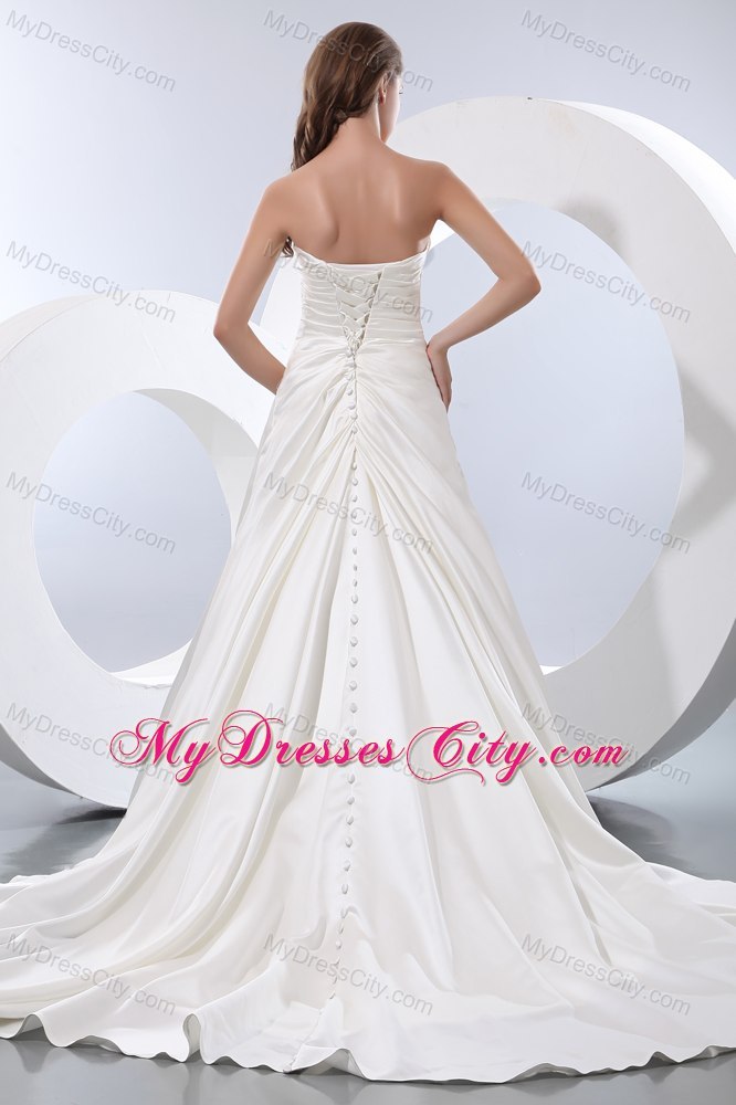 Strapless A-line Ruches Taffeta Wedding Dress with Lace Appliques