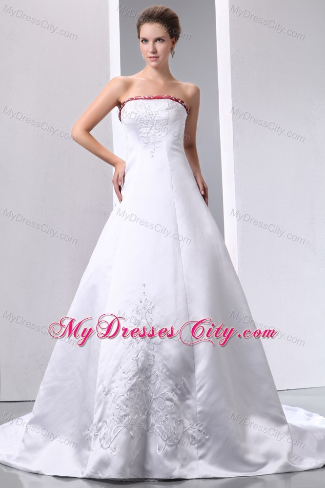 White and Red Satin Embroidery With Beading Wedding Gowns