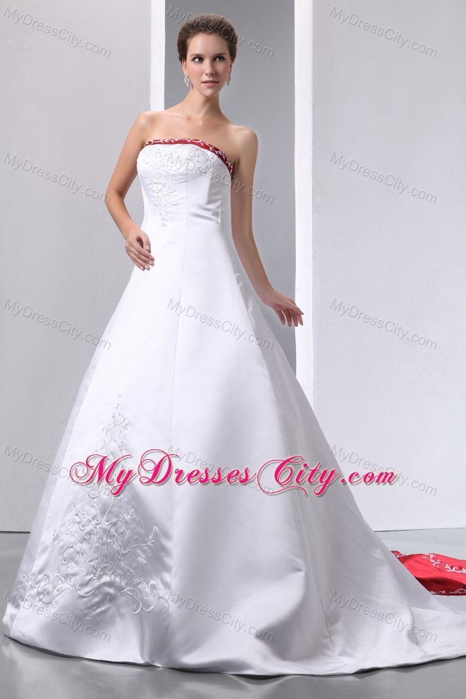 White and Red Satin Embroidery With Beading Wedding Gowns