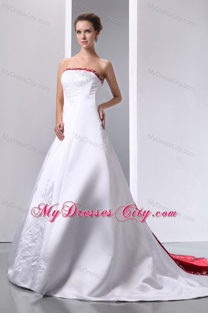 White and Red Satin Embroidery With Beading Wedding Gowns