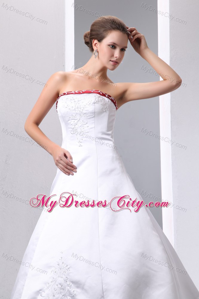 White and Red Satin Embroidery With Beading Wedding Gowns