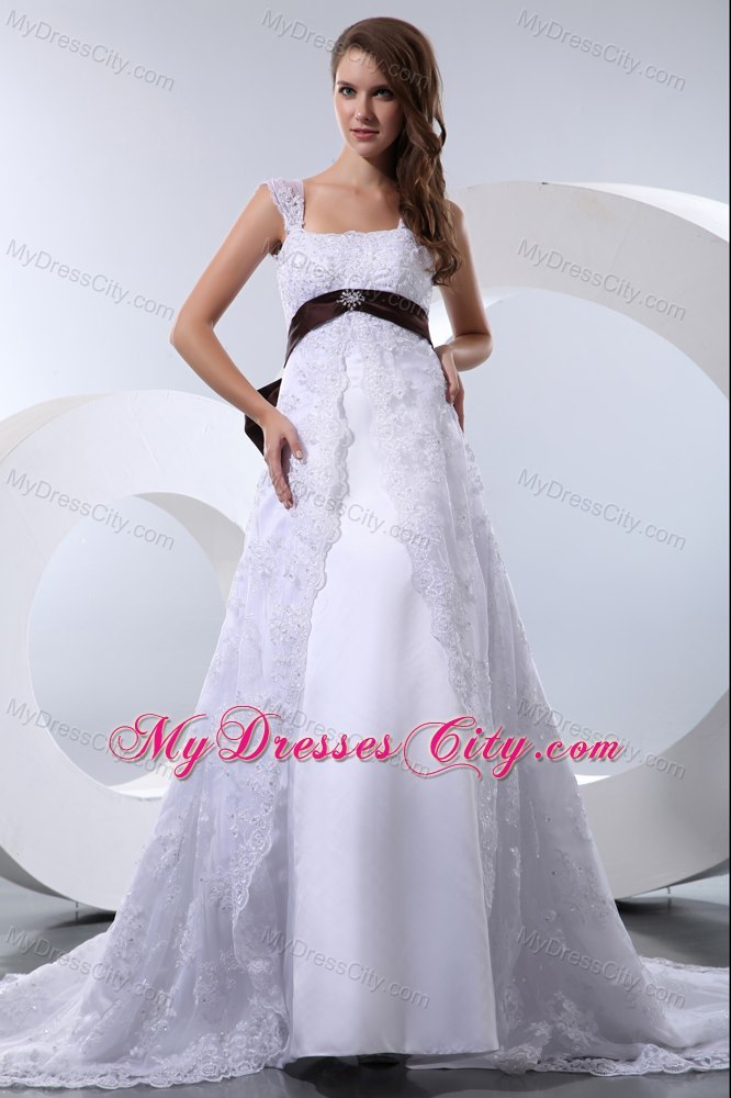 Straps Taffeta and Lace Beading Wedding Dress with Brown Sash