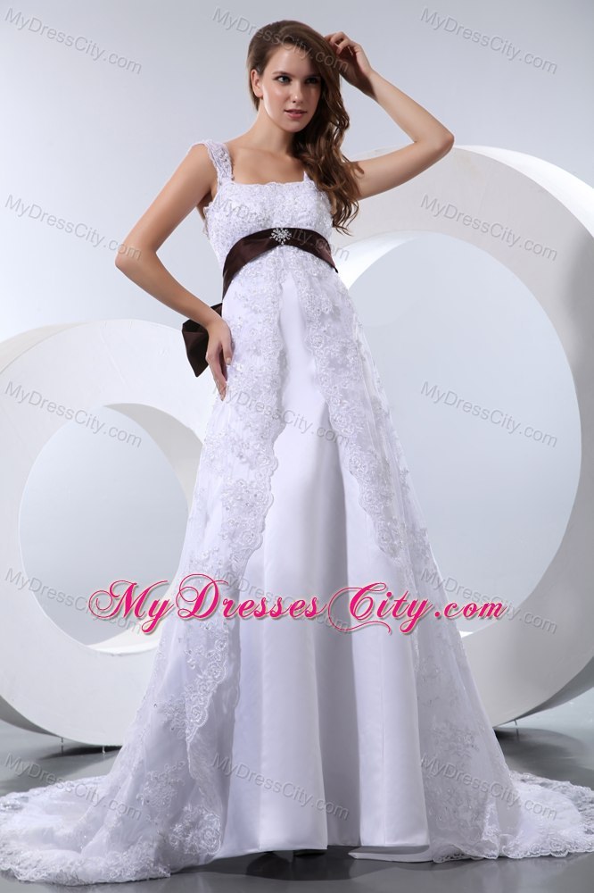 Straps Taffeta and Lace Beading Wedding Dress with Brown Sash