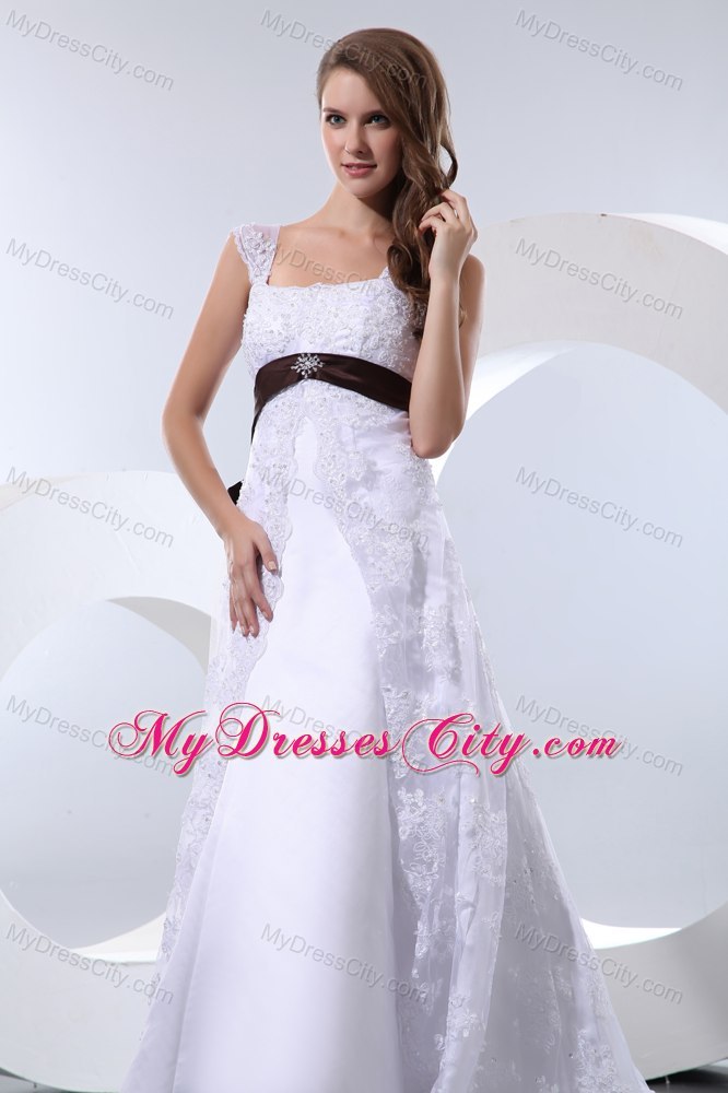 Straps Taffeta and Lace Beading Wedding Dress with Brown Sash